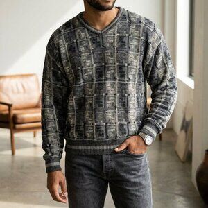 Cellinni Italy Men's XL Merino Wool V-neck Sweater Relaxed Fit Geometric Gray